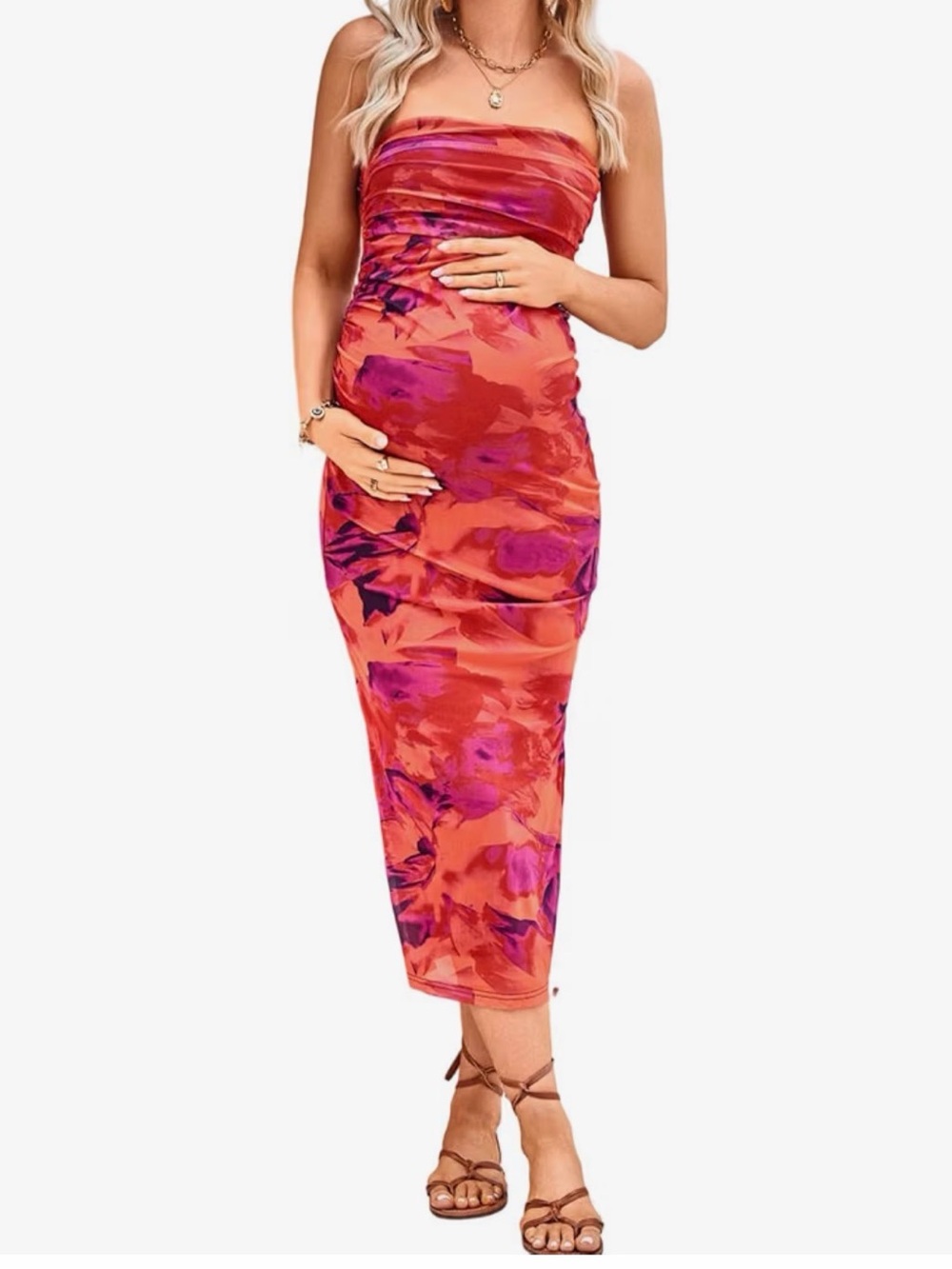 Strapless Maternity Bodycon Midi Dress in Coral Floral